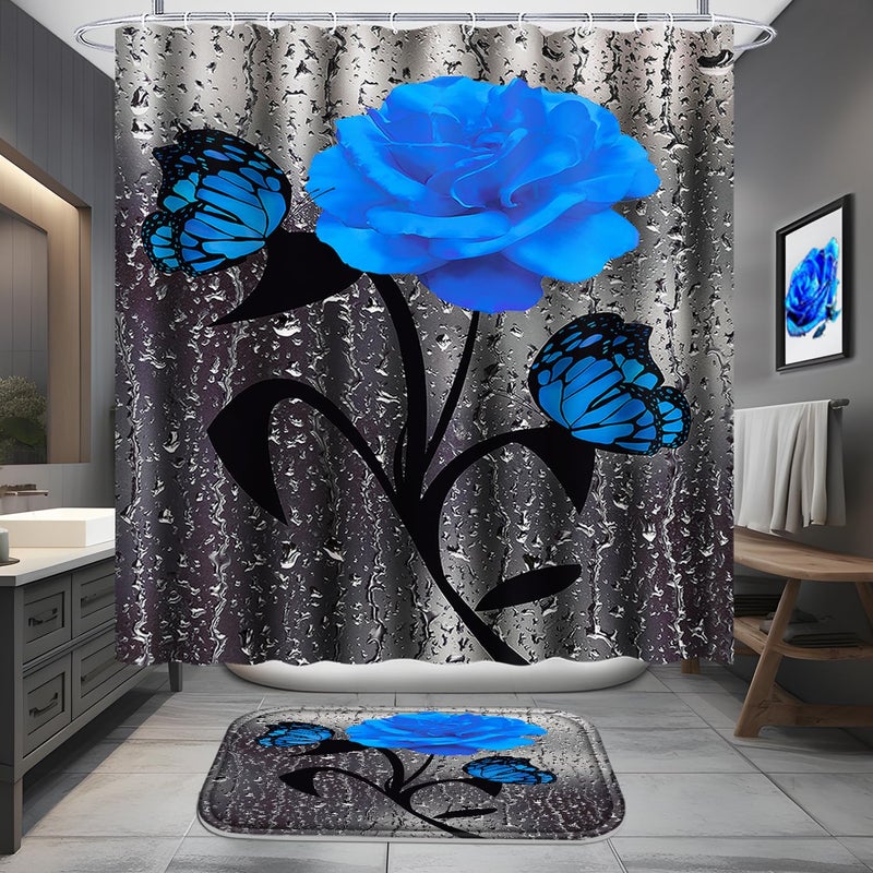 Poedist 4 Pcs Bathroom Set Blue Rose Shower Curtain Sets  Floral Shower Curtain Sets with Rugs(Bath Mat U Shape and Toilet Lid Cover Mat) and 12 Hooks - Image 2